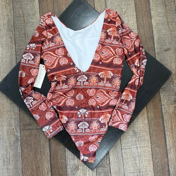 PHAX Twist Front Long Sleeve One Piece Boho Paddlesuit Swimsuit - Picture 2 of 2